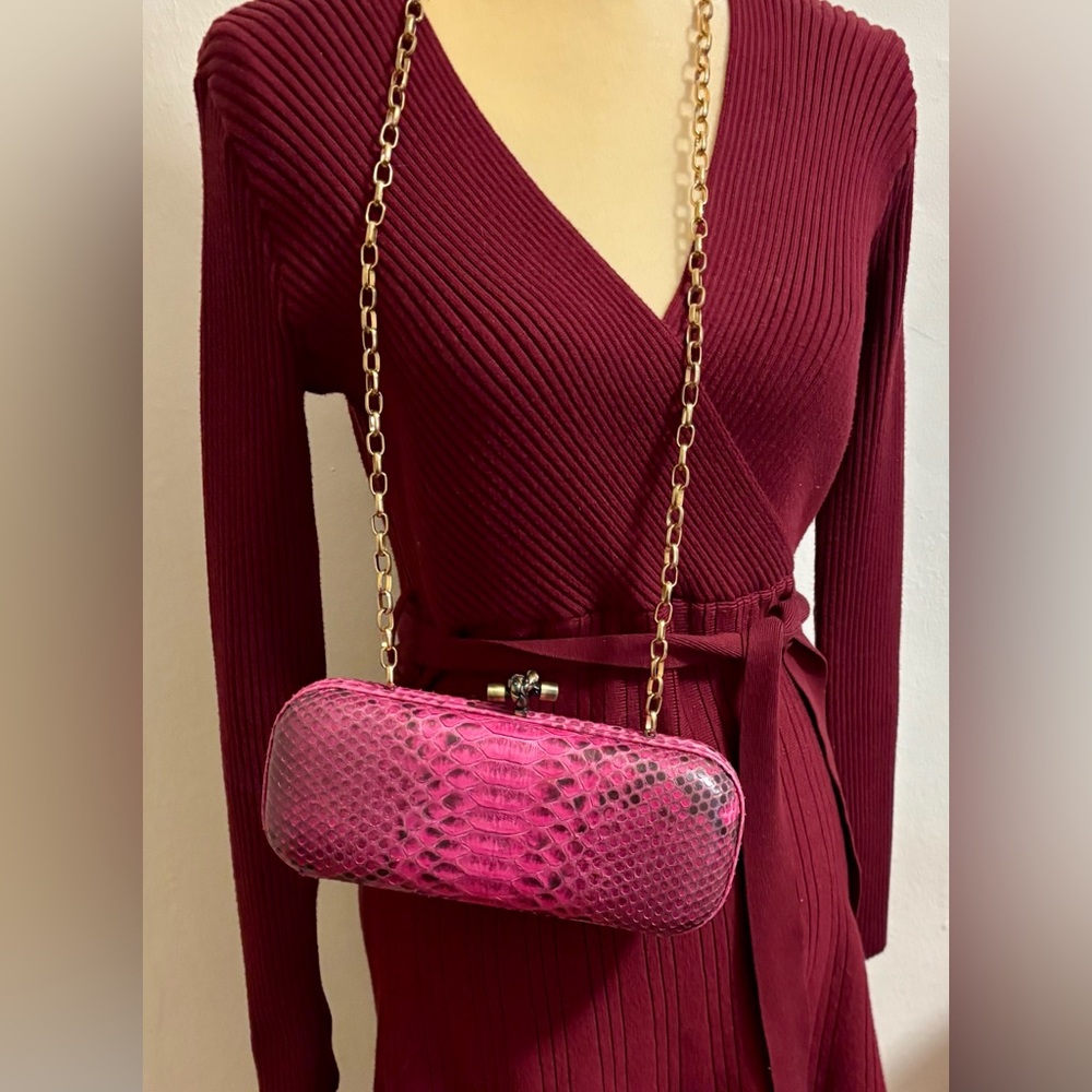 Fuchsia-Colored Python-Embossed Clutch With A Gol… - image 2